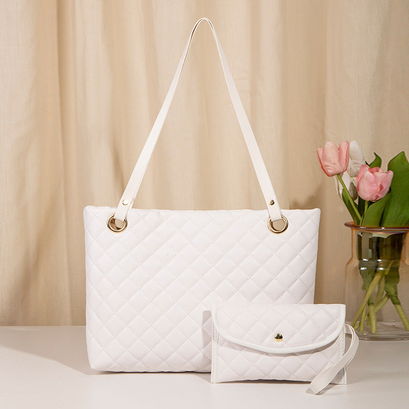 Elegant Quilted Tote Bag with Matching Clutch in White - One Red Hill